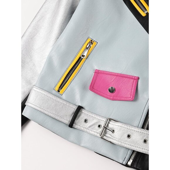 Womens Faux Leather Motorcycle Jacket Zip Up Stand Collar with Pockets Coat - Picture 5 of 5